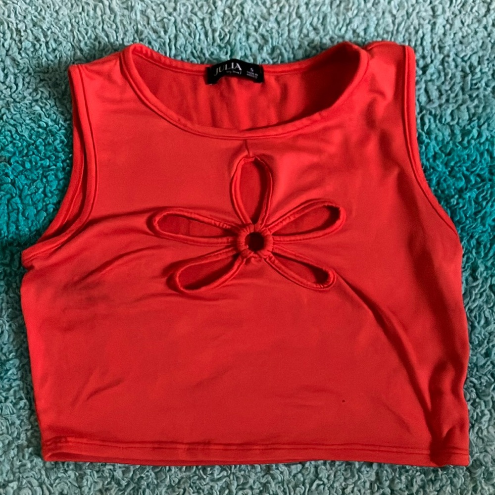Red Orange Floral Cutout Crop Top